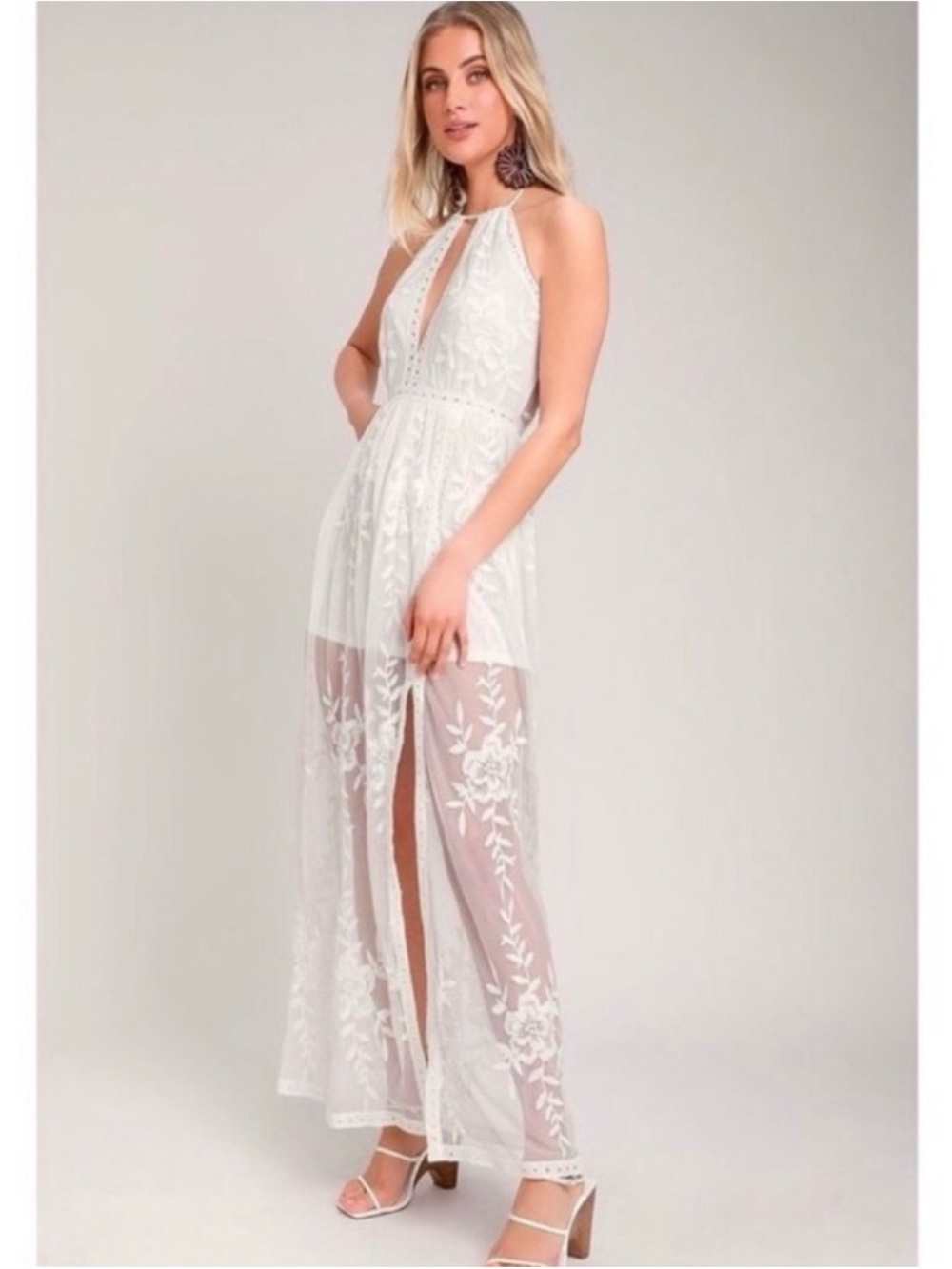 Honey Punch White Lace Halter Maxi Dress with Front Slit